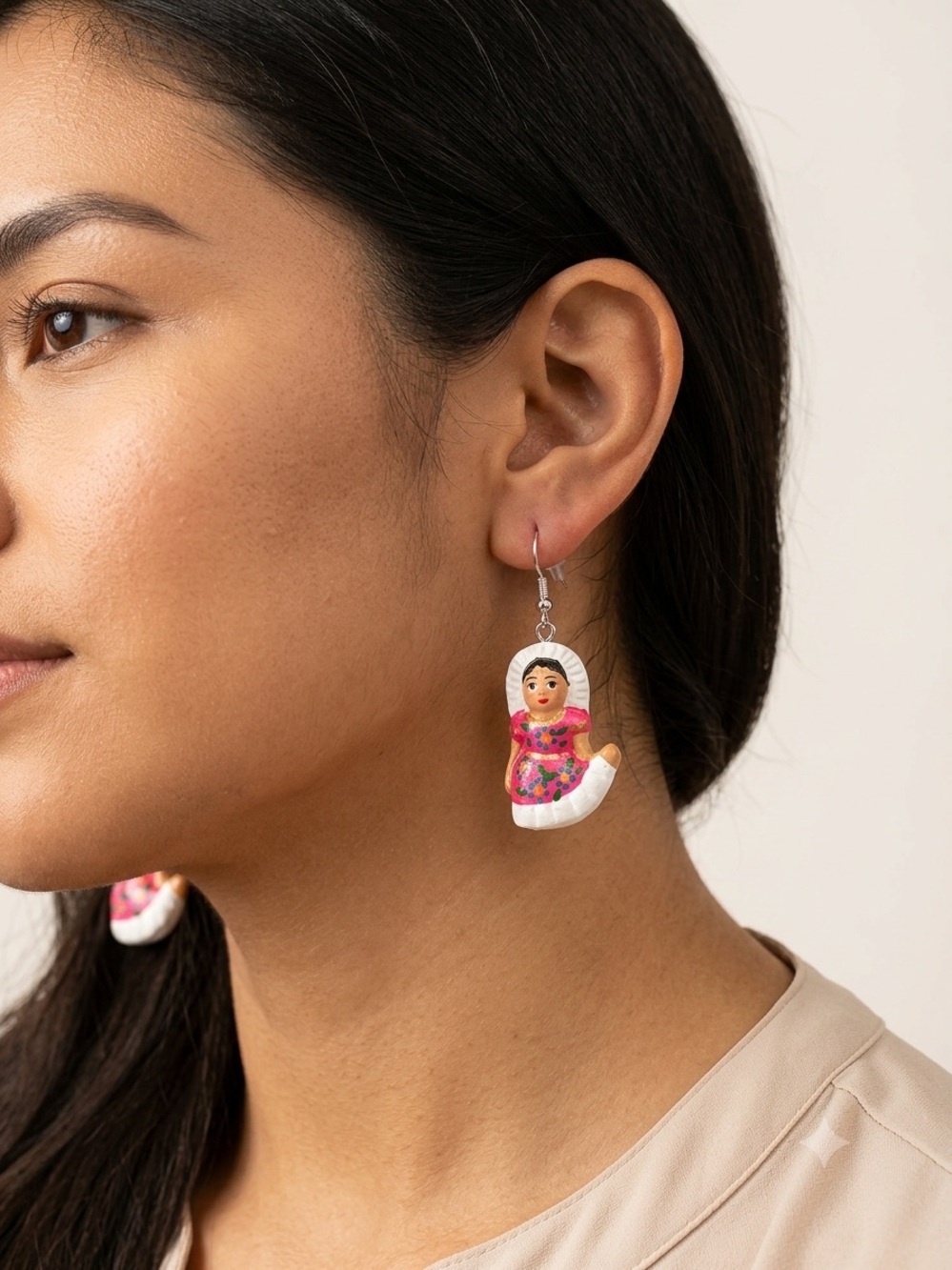 Hand Crafted Tehuana Pink and White Painted Doll Drop Earrings